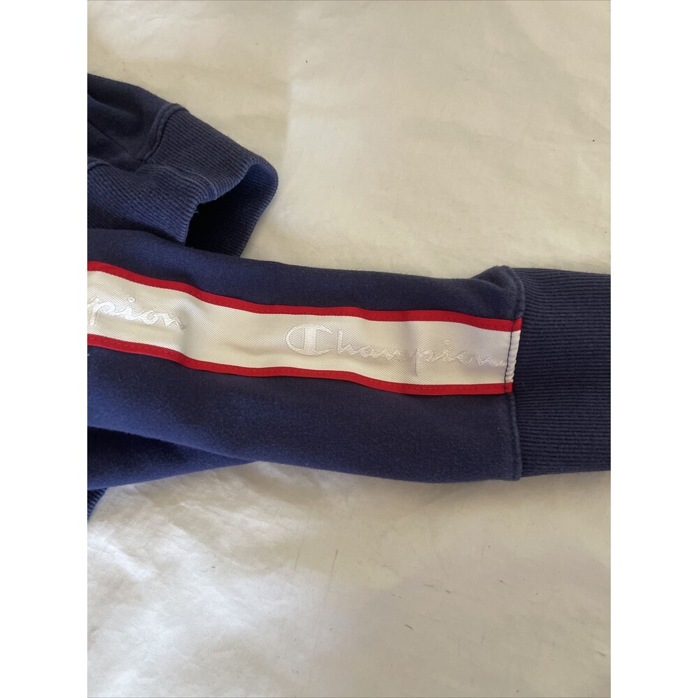 Champion Heritage Crewneck Sweatshirt Navy Blue Spellout Sleeve Stripe Sz Medium - Picture 9 of 13